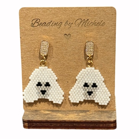 Handcrafted white poodle face portrait brick stitch post earrings with tiny CZ - Picture 3 of 5